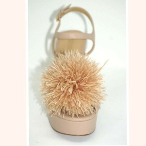 Michael Kors Fara Nude Leather Pom Pom Feather Platform Sandals Shoes Size 10 - Picture 6 of 8